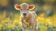   A tight shot of a baby cow in a lush grassfield dotted with yellow flowers Background softly renders as a sea of yellow blooms