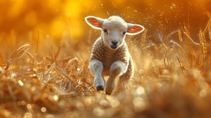 Wall Mural -   A baby lamb dashes through a tall grass field, sun illuminating its back and floppy ears