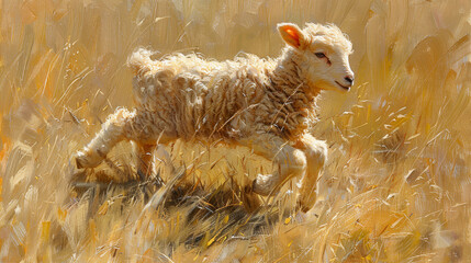 Wall Mural -  baby sheep runs through field, yellow grass foreground, brown grass background