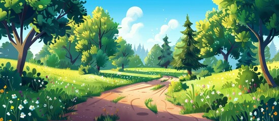 Sticker - Winding path of soil cutting through a vibrant forest filled with various shades of green foliage and tall trees