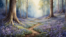 Enchanting Watercolor Landscape Of Bluebell Flowers Carpeting A Forest Floor, Evoking A Sense Of Magic And Wonder.