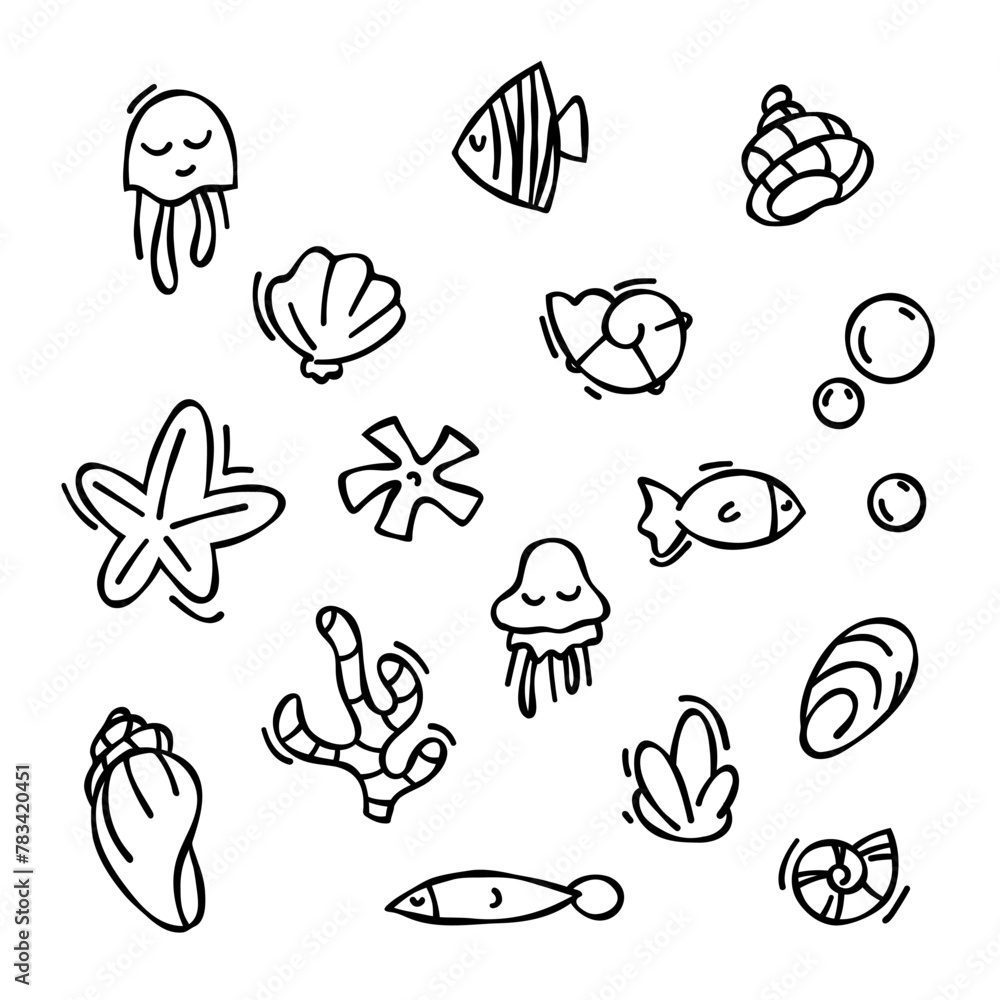 Set of vector elements in doodle style. drawn seashells, starfish ...