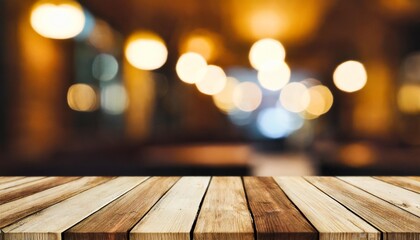 image of wooden table in front of abstract blurred background of resturant lights