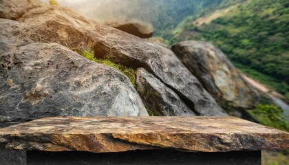 Wall Mural - a rock mineral product display shelf showing a rough texture to the platform with a blurred ancient stone background
