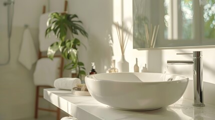 Sticker - Elegant home bathroom interior with sink and accessories with window. Mock up