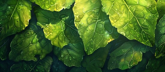 Canvas Print - Close-up artwork depicting a cluster of vibrant green leaves, captured in intricate detail.