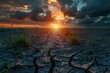 A desolate landscape with a sun setting in the background. Ecology concept