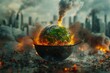 A planet is on fire and is surrounded by a city. The concept of disasters and cataclysms, war and apocalypse