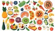 A set of linear vector illustrations depicting various food products isolated from one another. These illustrations cover a range of categories including fruits and vegetables, Mediterranean