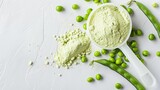 Fototapeta  - A plastic scoop filled with plant-based pea protein powder, accompanied by fresh green pea seeds, all against a white background. An isolated copy space for additional text or design elements