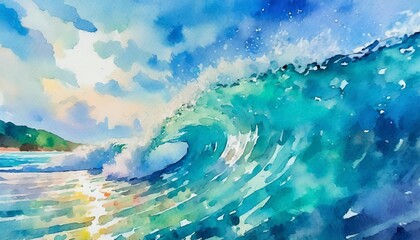 Wall Mural - watercolor ocean wave blue aqua sunny sky paint texture water wave brushstrokes banner background for ocean wave sunny painting starry night art wavy water waves magic fairytale illustration