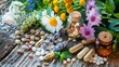 A close-up image showcasing different pills, herbs, and flowers arranged on a wooden table. A variety of dietary supplements, emphasizing natural ingredients and holistic health practices