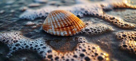 Wall Mural - Serene Solitude: A Single Seashell Rests Half-Buried in the Glistening Wet Sands, Symbolizing Tranquility, Nature's Harmony, and the Quiet Majesty of Coastal Beauty