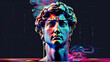  A classical bust is reborn through a prism of vibrant colors, where the echoes of the past meet the digital pulse of the future.