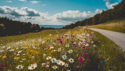 Wall Mural - Summer flowers on the side of a country road