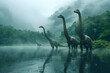 Misty River Crossing: Majestic Brachiosaurs in Serene Waters. Concept Dinosaur photoshoot, River scene, Majestic Brachiosaurus, Serene water, Misty atmosphere