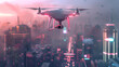 Drone hovering over a futuristic cityscape at dusk, with glowing urban lights.