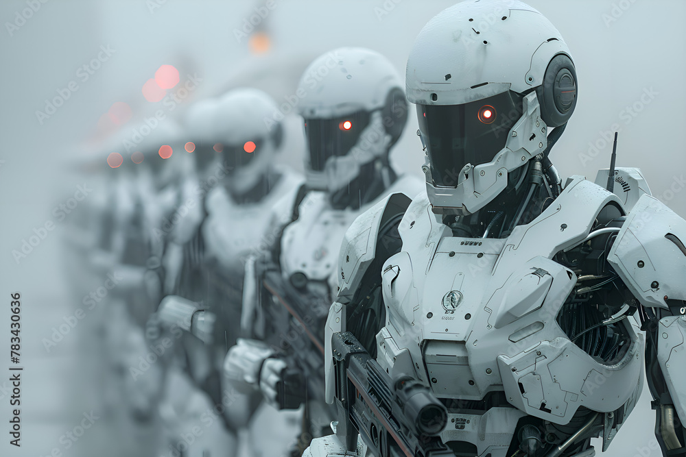 Humanoid robots standing in a line, highly detailed robots, white armor ...