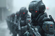 A profile view of humanoid robots lined up in snowy weather, snowflakes on dark, sleek armor, visually striking piece, surveillance. Gen AI