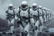 A formation of futuristic robotic soldiers marching through what appears to be a desolate, rocky landscape, cold and hostile environment. Gen AI