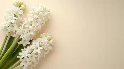 Wall Mural - white hyacinths blossoms side of pastel colored light cream pastel background copy space