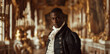 A handsome black man in a crisp white shirt and tailored black coat stands amidst the opulent decoration of a Renaissance palace his posture proud and refined. The intricate patterns .