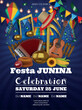 festa junina party poster with gold music notes, instruments, sunflowers, corn cobs and wicker hat. june brazilian festival flyer with colorful pennants, confetti and lanterns. festa junina background