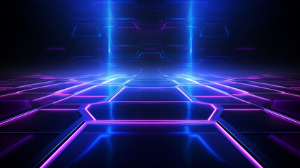 Wall Mural - Neon Blue Hexagonal Grid Background with Central Light