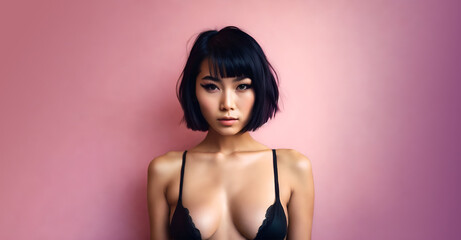 Wall Mural - Sexy asian model with short hair in lingerie. Copy space