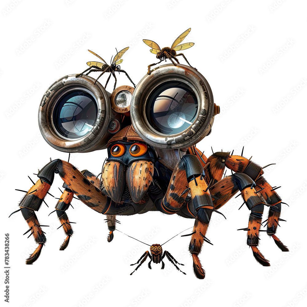 Curious spider using oversized cartoon binoculars on transparent ...