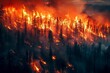 Wildfire raging through a forest, destroying habitats and emitting harmful gases