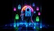 Cyber Mind with Neon Brain and Floating Padlocks, Symbolizing Data Protection and Encryption in a Digital World, A Strong Visual for Tech and Security Topics