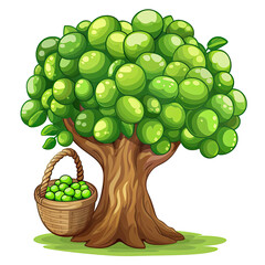 Wall Mural - Tree cartoon character holding a basket filled with ripe green apples, isolated on transparent background