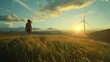 Person walking towards wind turbines at sunset in lush field, warm tones, renewable energy concept, landscape view. Copy space.