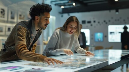 Two people interacting with touch screen display in modern office setting, technology and teamwork concept