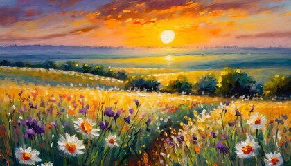 Wall Mural - Sunset on a field of flowers, oil colours
