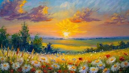 Wall Mural - Sunset on a field of flowers, oil colours