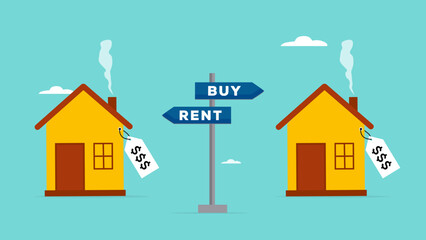 choice between buying and renting concept, house buy or rent, house with directions to buy or rent concept vector illustration