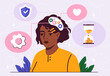 Illustration of a woman surrounded by various icons representing time, security, love, and ideas, set on a light pastel background, symbolizing mindfulness and productivity. Vector illustration