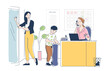 Vector illustration of a school office with a female principal on the phone and a boy with a backpack, light flat style, white background, concept of education. Flat vector illustration