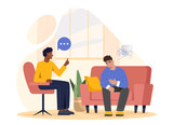 Fototapeta Londyn - Two characters in a therapy session, flat vector illustration, indoor setting, depicting mental health support. Vector illustration