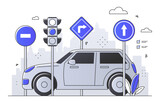 Fototapeta Londyn - Car at a crossroad with traffic lights and directional signs, in a line art style, against a cityscape background, concept of urban traffic guidance. Flat vector illustration