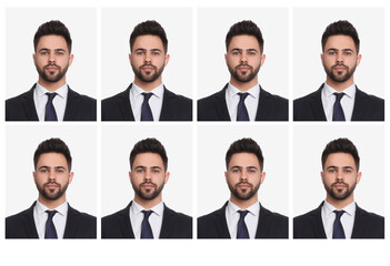 Sticker - Passport photo, collage. Man on white background, set of photos