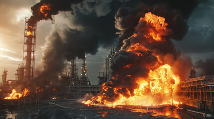 Wall Mural - Major fire at an industrial oil refinery with black smoke cloud