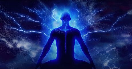Wall Mural - Silhouette of a man with blue electrical energy emitted from the body, on dark background. Shining blue light and lightnings around the person.