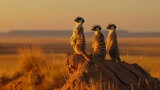 Fototapeta Desenie - Group of meerkats standing on top of a hill at sunset