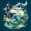 An illustration promoting water conservation and environmental protection, displaying a stylized Earth, ecological elements, and a call to protect our planet.