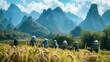 Chinese farmers in traditional hats work together to harvest rice in a verdant valley surrounded by dramatic karst mountains under a clear blue sky.
