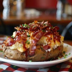 Bacon as a topping on a deluxe baked potato at a comfort food diner