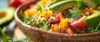 Quinoa salad, avocado slice, close view, bright natural light, colorful vegetables, sharp detail